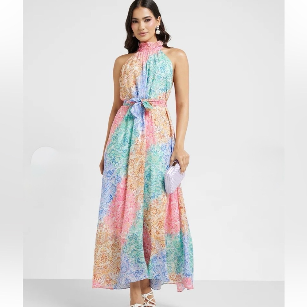 Dalia Macphee Pastel Printed Halter Neck Maxi Dress Size Xl Boho Flowy Feminine